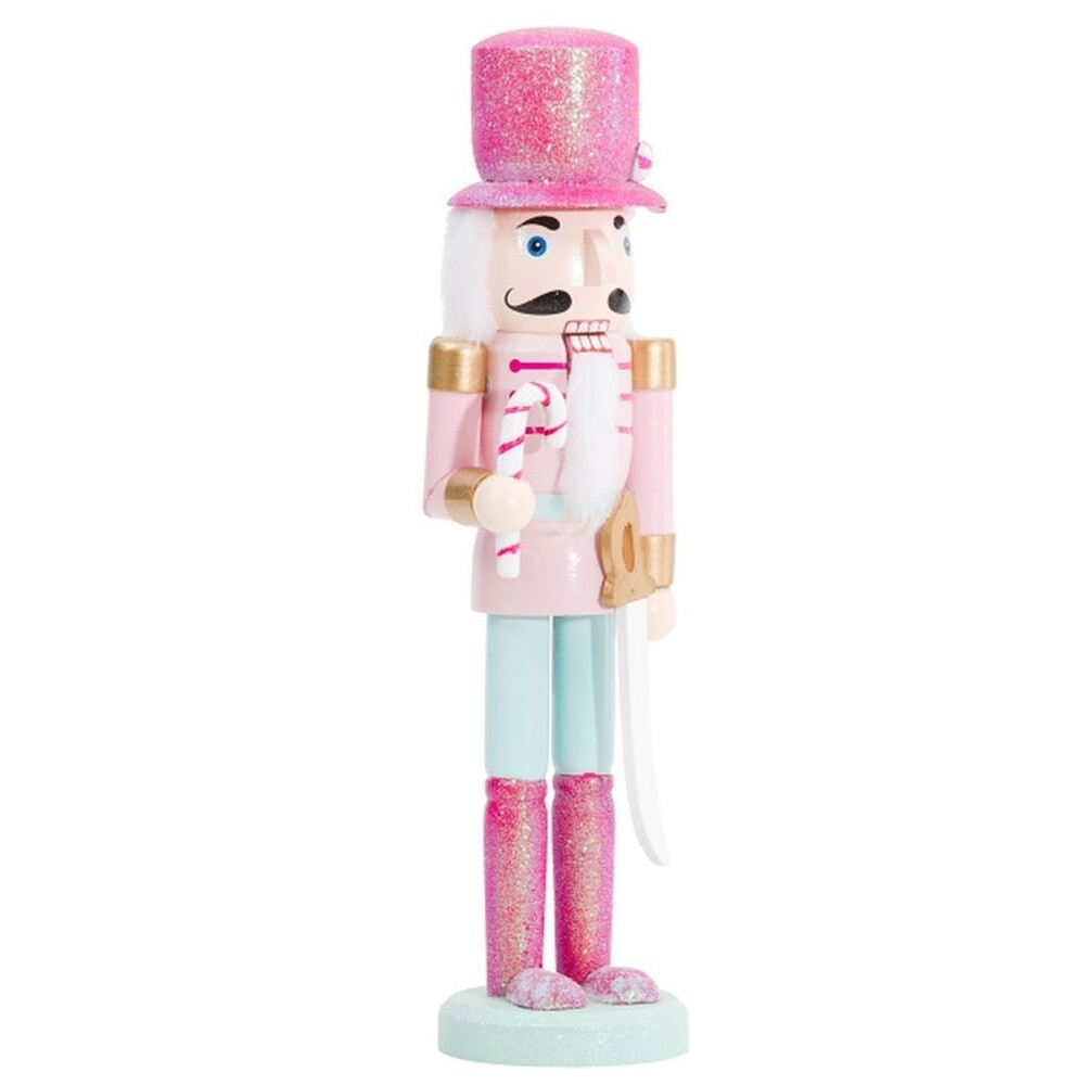 Wooden Christmas Nutcracker,14" WHITE MALE SOLDIER,PINK & GOLD W/SUGAR CANE, MAR